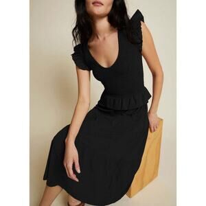 Nation LTD Cotton Fabienne Fused Ruffle Accent Midi Dress Black Women's Size XS